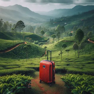 Чайная плантация на фоне гористого пейзажа Шри-Ланки, в центре красный туристический чемодан на колесиках