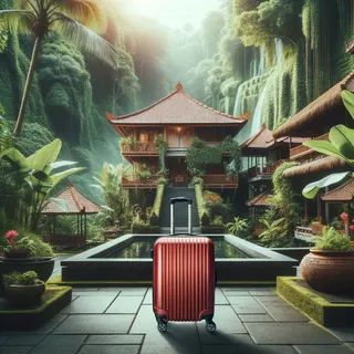 Кинематографический стиль, красный туристический чемодан на колесиках, стоящий перед красивым спа-салоном на острове Бали, окруженном зелеными джунглями