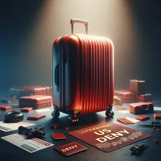 Изображение (не иллюстрация) только в очень реалистичном кинематографическом стиле. На изображении должен присутстовать красный туристический чемодан на колесиках. На изображении не должно быть людей.. Тема изображения: Причины отказов по визам в США