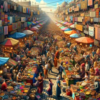 Крупный пестрый рынок под открытым небом, заполненный бесчисленными разнообразными товарами и яркими вывесками