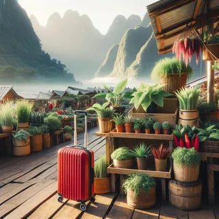 Фотография деревянного прилавка на рынке с множеством зеленых растений и красным чемоданом на колесиках. Горы на заднем плане утопают в нежном утреннем тумане.