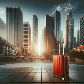 Центр города с высокими зданиями и красным чемоданом на колесиках на переднем плане, реалистичный кинематографический стиль