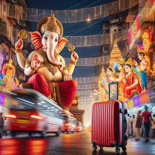 Изображение гигантских статуй Ганеши на фоне оживленных индийских улиц, украшенных огнями и пестрыми флагами, рядом стоит красный туристический чемодан на колесиках, реалистичное исполнение