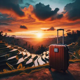 Туристический чемодан на фоне заката в Убуде, с живописными рисовыми террасами на заднем плане