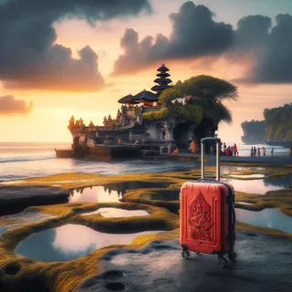 Кинематографический пейзаж с Храмом Танах Лот на закате, красный чемодан на колесиках