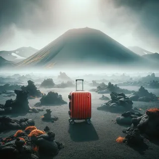 Кинематографический реалистичный снимок одинокого красного туристического чемодана на колесиках, стоящего в центре вулканической равнины со старыми лавовыми потоками на фоне мистических дымчатых гор