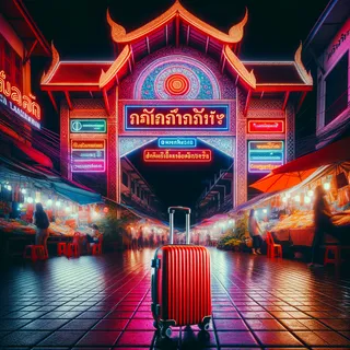 Фотография главного входа на ночной рынок в Чиангмае с яркими неоновыми вывесками, светящимися в ночи, и красным туристическим чемоданом на колесиках