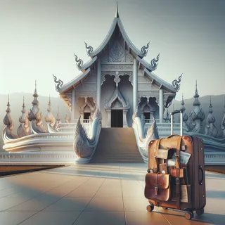 туристический чемодан на колесиках, стоит на фоне современного буддийского храма в Чианграе, кинематографический стиль, реалистичное изображение