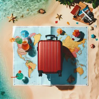 Туристическая карта Сейшельских островов и летний пляжный фон вокруг красного туристического чемодана 