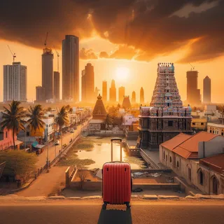 Ченнаи на закате с видом на современный городской пейзаж, окруженный древними храмами, со светящимся золотистым небом и красным туристическим чемоданом на фоне городского горизонта