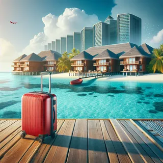 Изображение (не иллюстрация) только в очень реалистичном кинематографическом стиле. На изображении должен присутстовать красный туристический чемодан на колесиках. На изображении не должно быть людей.. Тема изображения: Отели Мальдив: где остановиться, чтобы получить максимум удовольствия