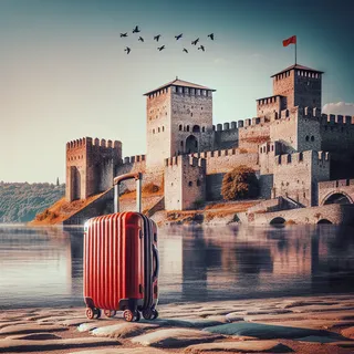Очень реалистичное фотография исторической крепости Смедерево с красным туристическим чемоданом на колесиках на переднем плане. Фотография сделана в кинематографическом стиле, на изображении нет людей.
