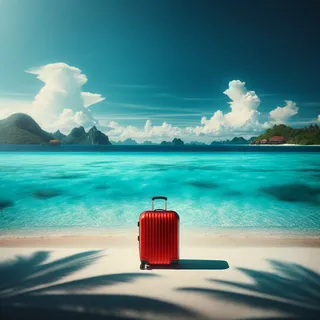 Кинематографическое изображение тропического острова с красным чемоданом на фоне бирюзовой воды и белого песка