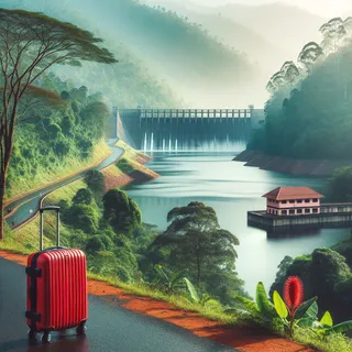 Фотография плотины на реке Перияр, озеро и плотный лес на заднем плане, красный туристический чемодан на колесиках на переднем плане