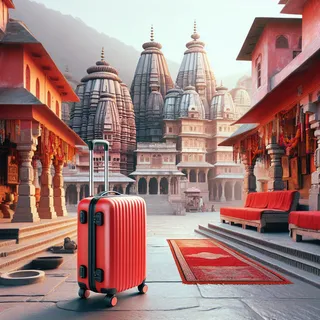Кинематографический стиль, красный туристический чемодан на колесиках, гиперреализм, в окружении храмовой архитектуры Ришикеша, без людей