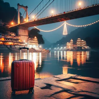 Красный туристический чемодан на колесиках стоит на фоне знаменитого моста через Ганг в Ришикеше, в обрамлении вечерних огней, отражающихся в воде, без людей