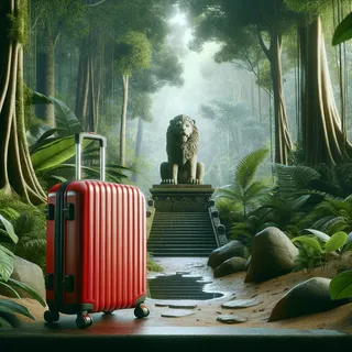 Реалистичное изображение красного туристического чемодана на фоне густого тропического леса и каменной статуи льва с разинутой пастью. Чемодан стоит на тропинке, ведущей к статуе.
