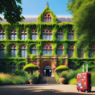 Фасад Музея принца Уэльского, окружённый зеленью, на фоне летнего солнца, красный туристический чемодан на колесиках у входа