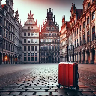 На красной площади стоит красный чемодан на колесах, на фоне старинных зданий