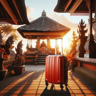 Изображение красного туристического чемодана на колесиках перед традиционной балийской архитектурой, закат и тени