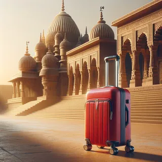 Изображение (не иллюстрация) только в очень реалистичном кинематографическом стиле. На изображении должен присутстовать красный туристический чемодан на колесиках. На изображении не должно быть людей.. Тема изображения: Храмы Парсов в Индии: Центры Зороастрийской Веры и Культуры