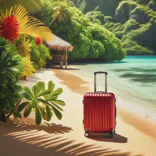 Тропический пляж с красным туристическим чемоданом на колесиках на песке и растениями на заднем плане
