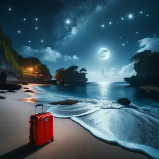Ночная бухта Бали с волнами, освещенными луной и звездами, рядом виден красный туристический чемодан на песке