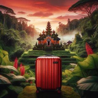 Красный чемодан на фоне древнего балийского храма, утопающего в зелени джунглей, на закате