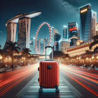 Изображение (не иллюстрация) только в очень реалистичном кинематографическом стиле. На изображении должен присутстовать красный туристический чемодан на колесиках. На изображении не должно быть людей.. Тема изображения: 10 интересных фактов о Сингапуре, которые вы возможно не знали