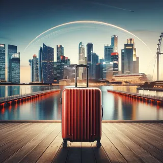 Красный чемодан на фоне сингапурского порта с современными зданиями на горизонте, реалистичный кинематографический стиль