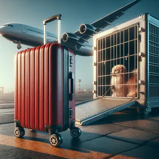 Создайте изображение в стиле максимального гиперреализма, с акцентом на детальность и четкость. На картинке должен быть красный туристический чемодан на колесиках, стоящий на фоне самолета, рядом с контейнером для перевозки животных, без людей.