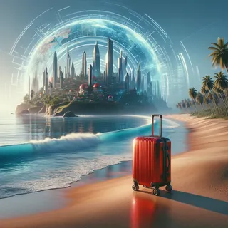 Футуристический пейзаж с видом на потрясающее побережье Шри-Ланки, красный туристический чемодан на колёсиках стоит на песчаном пляже, вдали виден океан и пальмы, очень реалистичное кинематографическое изображение