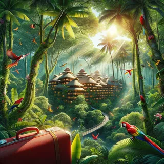 панорамный вид на джунгли с роскошным курортом и красным чемоданом на переднем плане