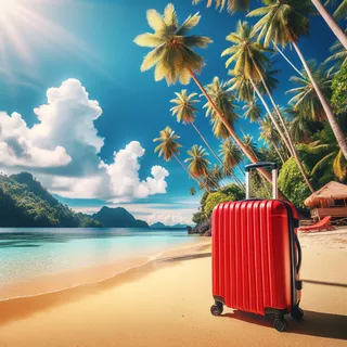 Красный туристический чемодан стоит на берегу дивного тропического пляжа на Филиппинах в ясный солнечный день, с чистым голубым небом и великолепными пальмами