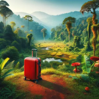 Красивый индийский пейзаж с красным туристическим чемоданом на колесиках среди зелени национального парка