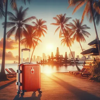 Изображение туристического чемодана на колесиках красного цвета на фоне экзотического пейзажа Бали с пальмами в лучах закатного солнца и небоскребами города вдалеке