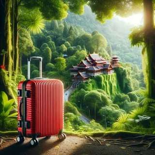 Фотография красного туристического чемодана на колесах, стоящего на фоне зелёного леса и королевского проекта Дой Тунг в Таиланде