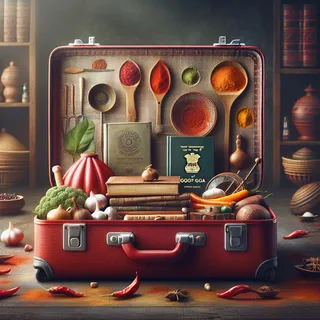 Изображение (не иллюстрация) только в очень реалистичном кинематографическом стиле. На изображении должен присутстовать красный туристический чемодан на колесиках. На изображении не должно быть людей.. Тема изображения: Вкус Гоа: Путешествие по Ароматам и Традициям Индийской Кухни