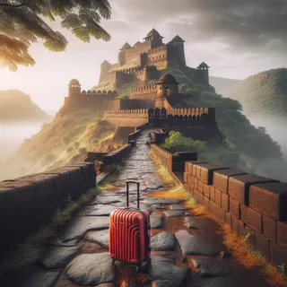 Фотография форта Харихар в утренние часы с видом на красный туристический чемодан возле древних стен