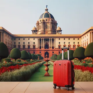 Красный туристический чемодан на фоне величественного дворца Раштрапати-Бхаван, окруженного колоннадами и куполом, с ухоженными садами на переднем плане