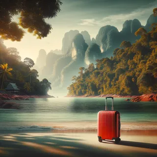 Красный туристический чемодан на фоне тропического пляжа Лангкави и густого леса Борнео, реалистичный кинематографический стиль