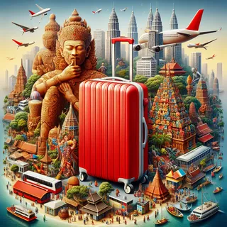 Изображение в очень реальном стиле. На нём должен присутстовать красный туристический чемодан. На изображении не должно быть ни одного человека.. Тема изображения: Общая информация о стране Индонезия