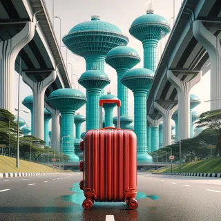 Кинематографическое изображение красного туристического чемодана на колесиках на фоне бирюзовых водоснабжающих станций и башен в Сингапуре