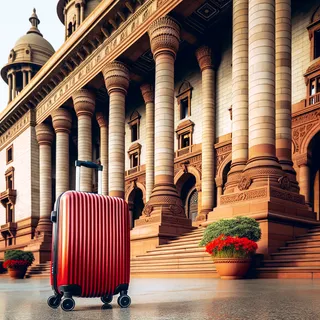 Фасад Раштрапати-Бхаван с красивыми колоннами и красный чемодан на колесиках на переднем плане