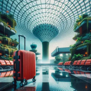 Изображение (не иллюстрация) только в очень реалистичном кинематографическом стиле. На изображении должен присутстовать красный туристический чемодан на колесиках. На изображении не должно быть людей.. Тема изображения: Что такое Jewel Changi Airport и почему там нужно побывать хотя бы раз в жизни.