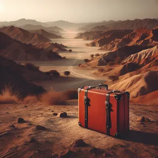 Кинематографический красный туристический чемодан на фоне пустынного пейзажа Раджастхана