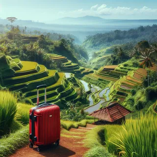 Потрясающий вид на рисовые террасы Бали в солнечный день, с зелеными полями и красным туристическим чемоданом на колесиках на переднем плане, без людей