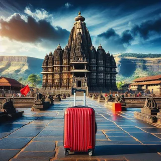 Пейзажный вид на храм Trayambakeshwar с красным туристическим чемоданом на переднем плане, без людей
