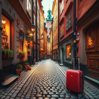 Старинные улочки Старого города Стокгольма, красный чемодан на колесиках на переднем плане, мостовые Восточной Европы