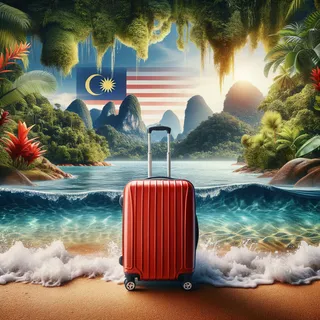 Изображение тропического пейзажа с красным туристическим чемоданом на колесиках на фоне морского прибоя и экзотической природы Малайзии